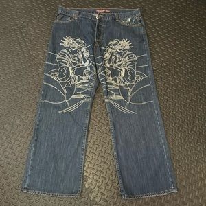 Christian Audigier Blue Denim Jean button fly  42 x 32 Embroidered, Crystals